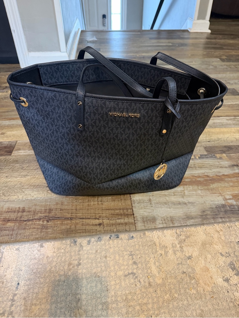 Michael Kors Black MK Logo Tote with Gold Accent